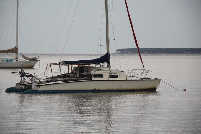 Michael's early Prout, "Wind in the Willows" at anchor in Deltaville, VA
